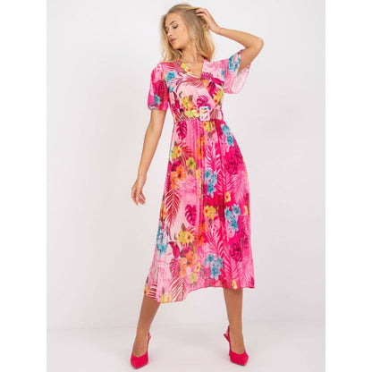 Tropical Floral Print Wrap V-Neck Flutter Sleeve Accordion Pleated Midi Dress