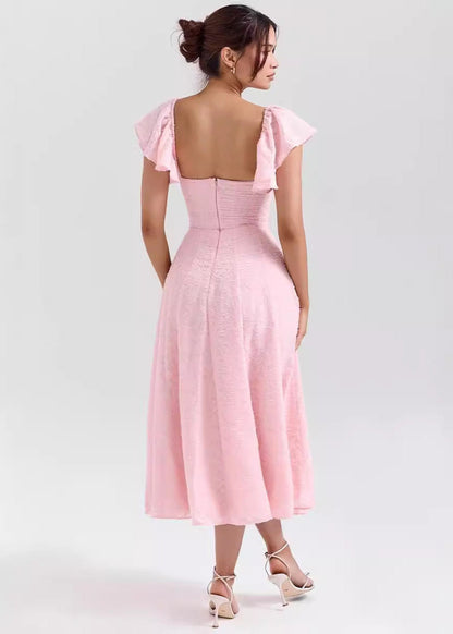 Floral Jacquard Sweetheart Ruched Bustier Flutter Sleeve Fit and Flare Midi Dress