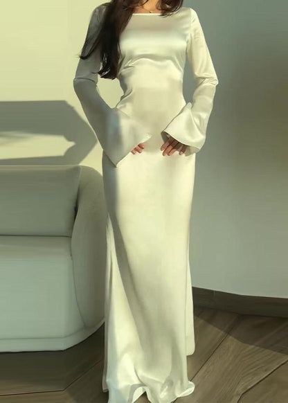 Crew Neck Bell Sleeve Satin Column Floor Length Maxi Gown