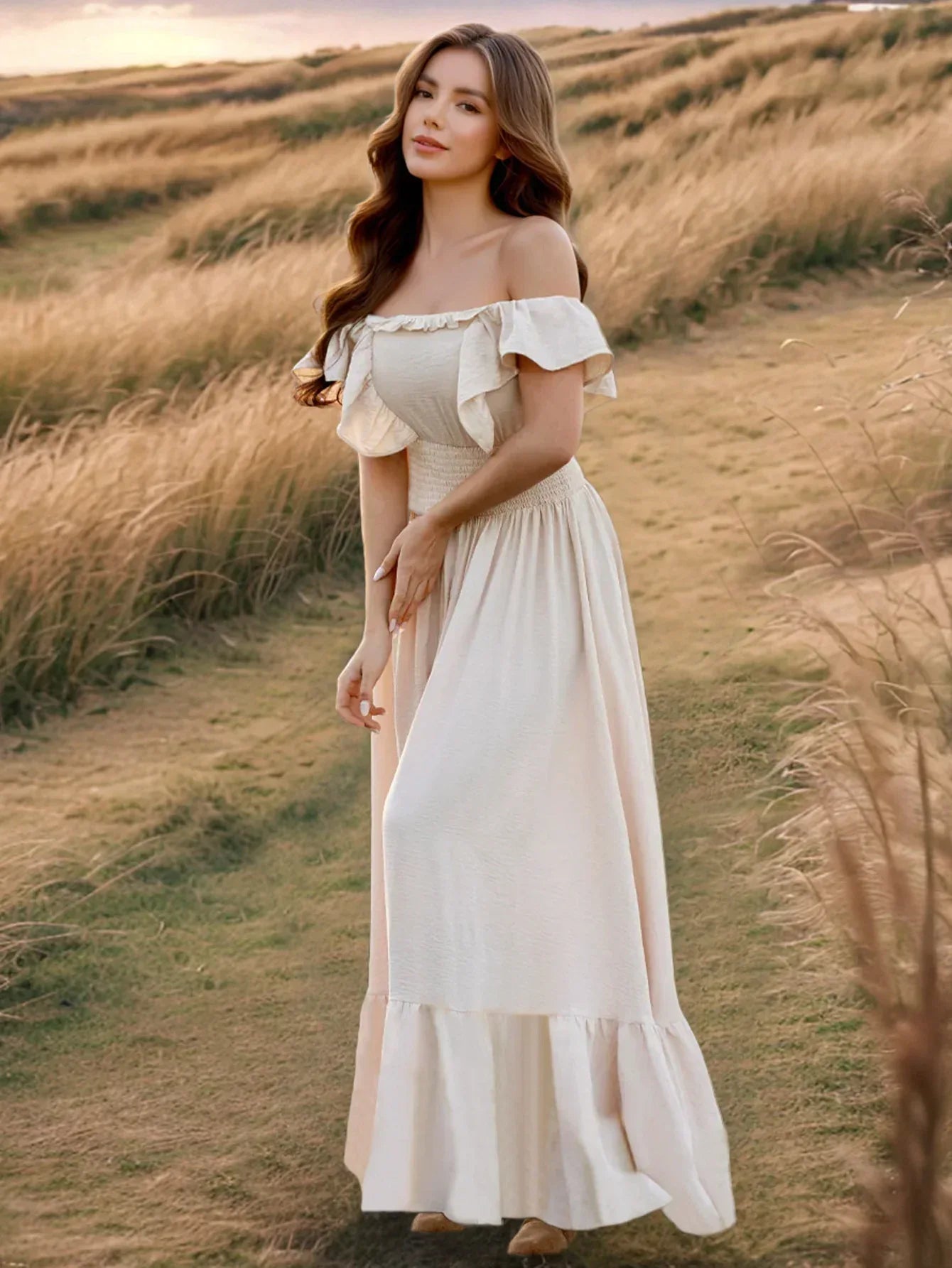 Beige Maxi Dress for Petite Women with Ruffle Sleeves