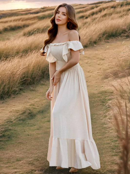 Beige Maxi Dress for Petite Women with Ruffle Sleeves