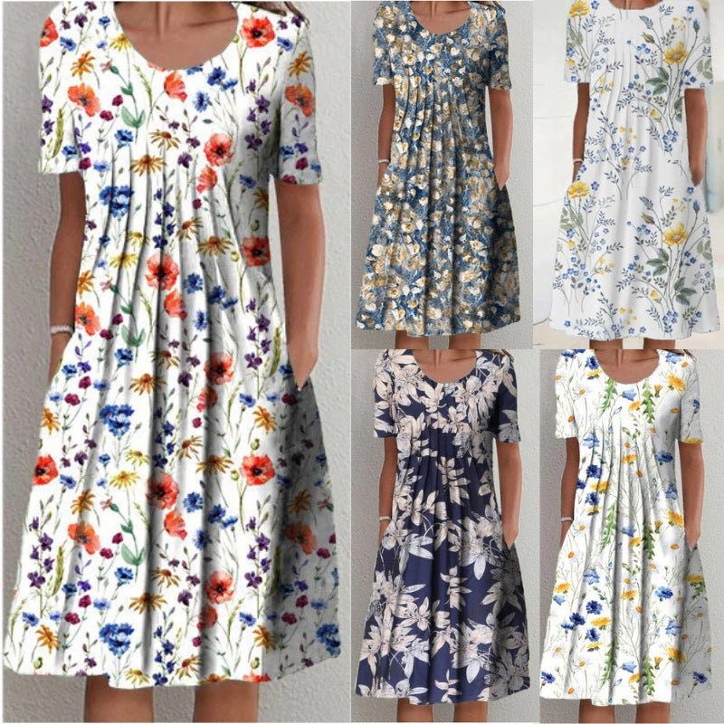Wildflower Print Pleated Scoop Neck Pocket Midi Dress