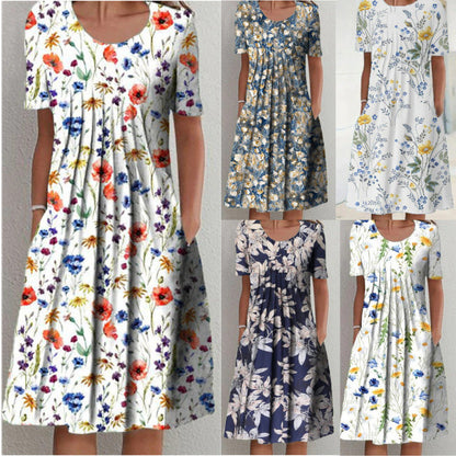 Wildflower Print Pleated Scoop Neck Pocket Midi Dress