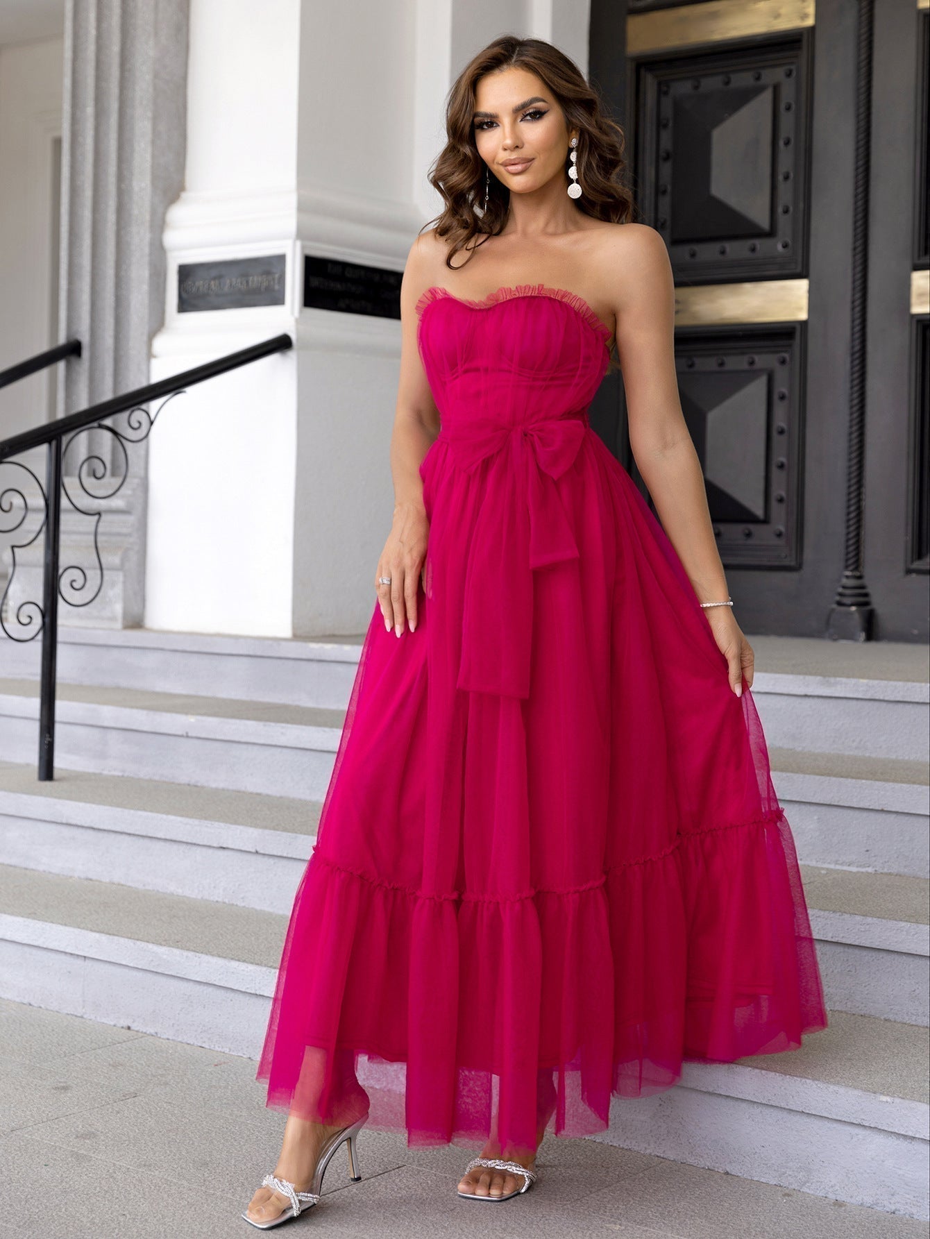 Strapless Sweetheart Ruched Tulle Waist Bow Tiered Ruffle Maxi Gown
