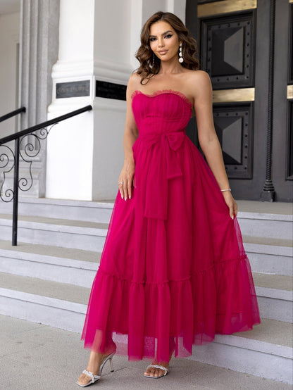 Strapless Sweetheart Ruched Tulle Waist Bow Tiered Ruffle Maxi Gown