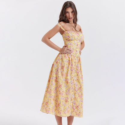 Dress Square Collar Cami Dress Slim Fit Backless Sweet Spicy Wind Floral Dress