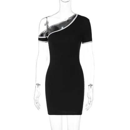Color Contrast One Shoulder Cold Shoulder Slim Hip Dress