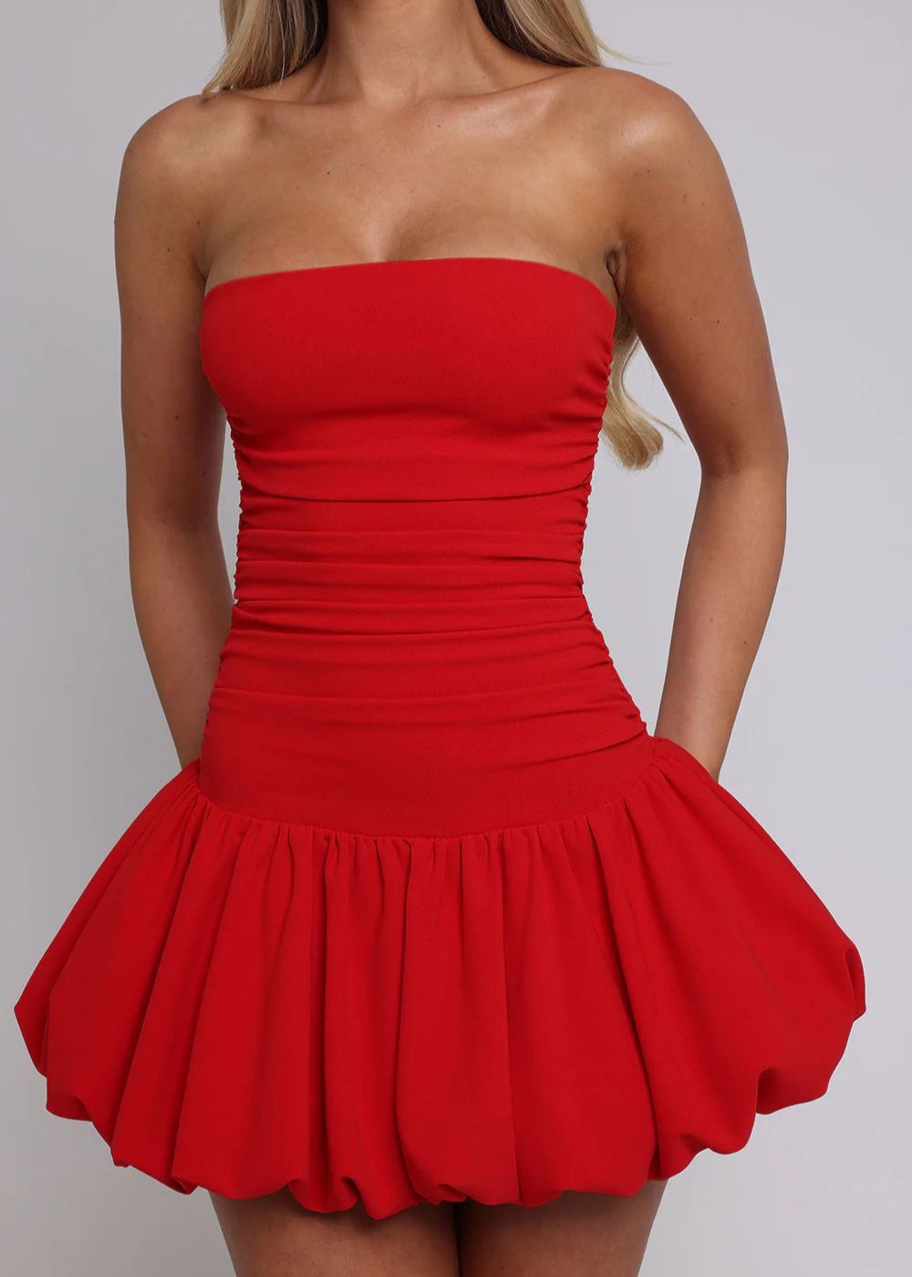 Strapless Ruched Bodice Drop Waist Bubble Hem Pocket Mini Dress