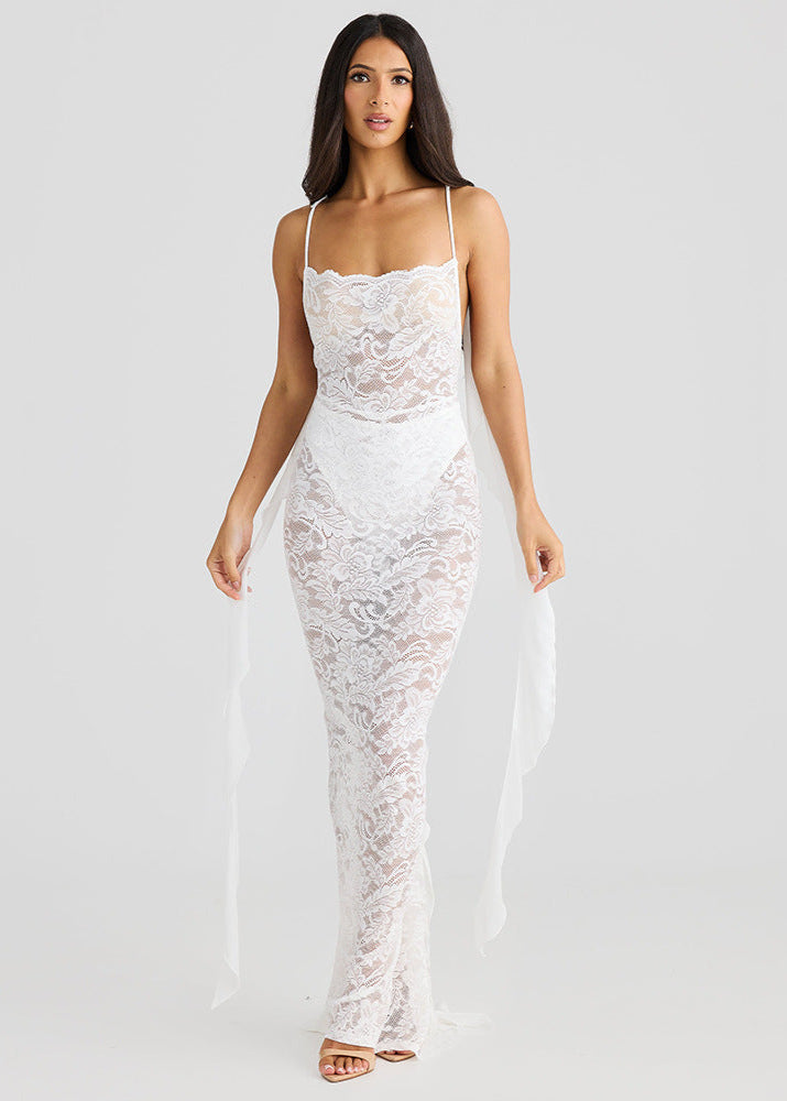 Lace Spaghetti Strap Scalloped Neck Streamer Panel Backless Maxi Dress