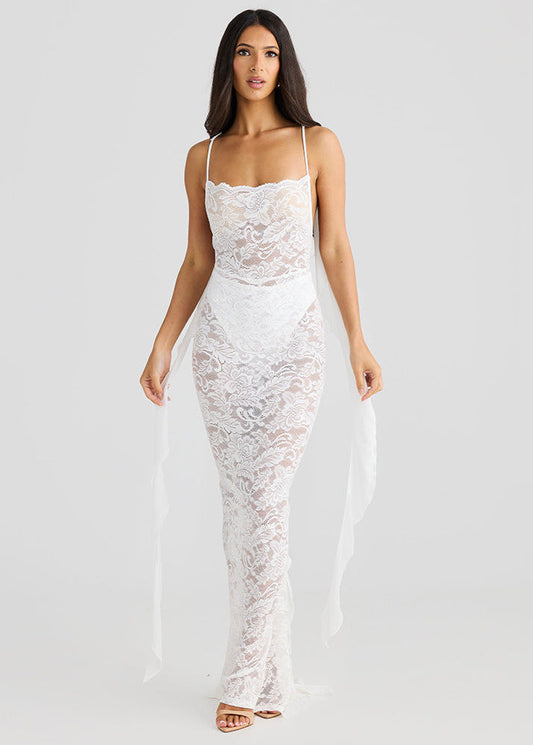 Lace Spaghetti Strap Scalloped Neck Streamer Panel Backless Maxi Dress