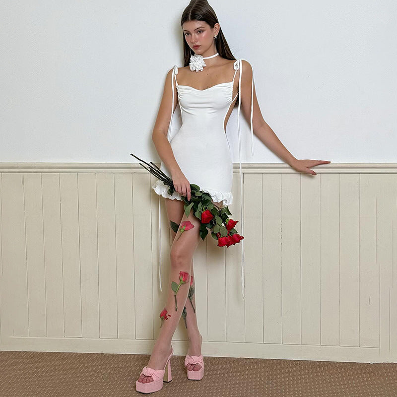 Ruched Bust Tie Shoulder Strap Side Cutout Rosette Choker Mini Dress