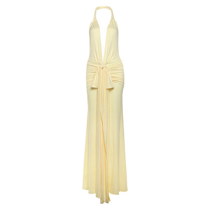 Backless Halter Deep V Plunge neck Solid Color Split
