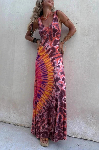 Boho Happiness Tie-dye Print Back Lace-up Stretch Maxi Dress