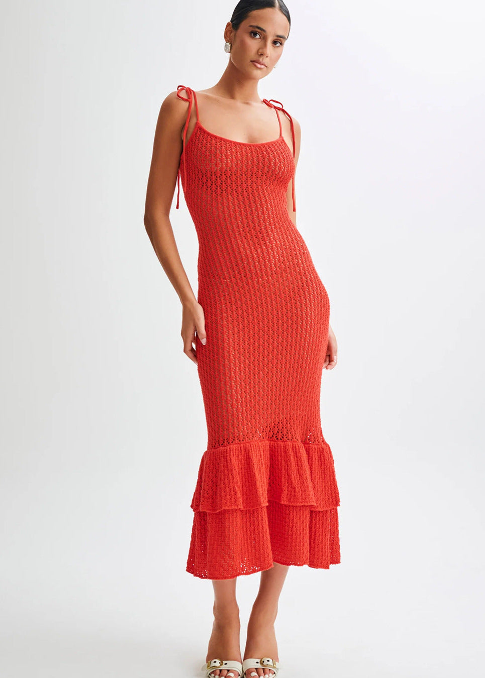 Scoop Neck Tie Shoulder Crochet Pointelle Knit Tiered Ruffle Hem Midi Dress