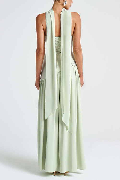 consonak Strapless Back Lace-up High Slit Splice Maxi Dress