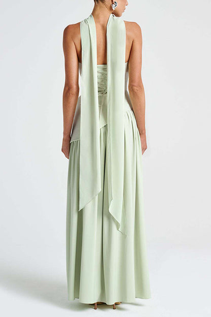 consonak Strapless Back Lace-up High Slit Splice Maxi Dress