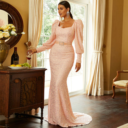 High Waist Long Sleeves Elegant Sequined Dress Evening