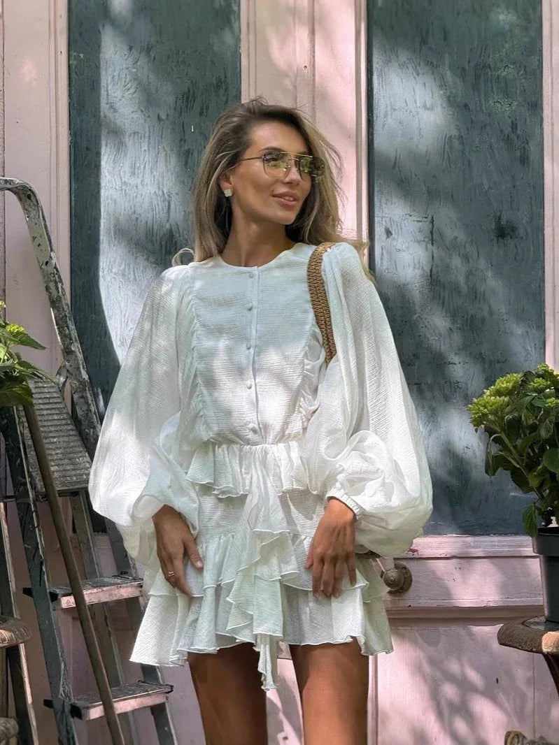 Layered ruffle lantern sleeve mini dress