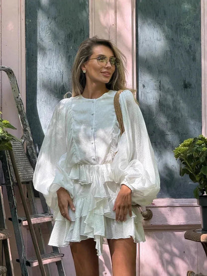 Layered ruffle lantern sleeve mini dress