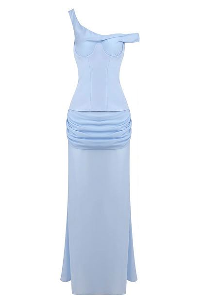 Lzada Blue Off Shoulder Waist Cinched Maxi Dress