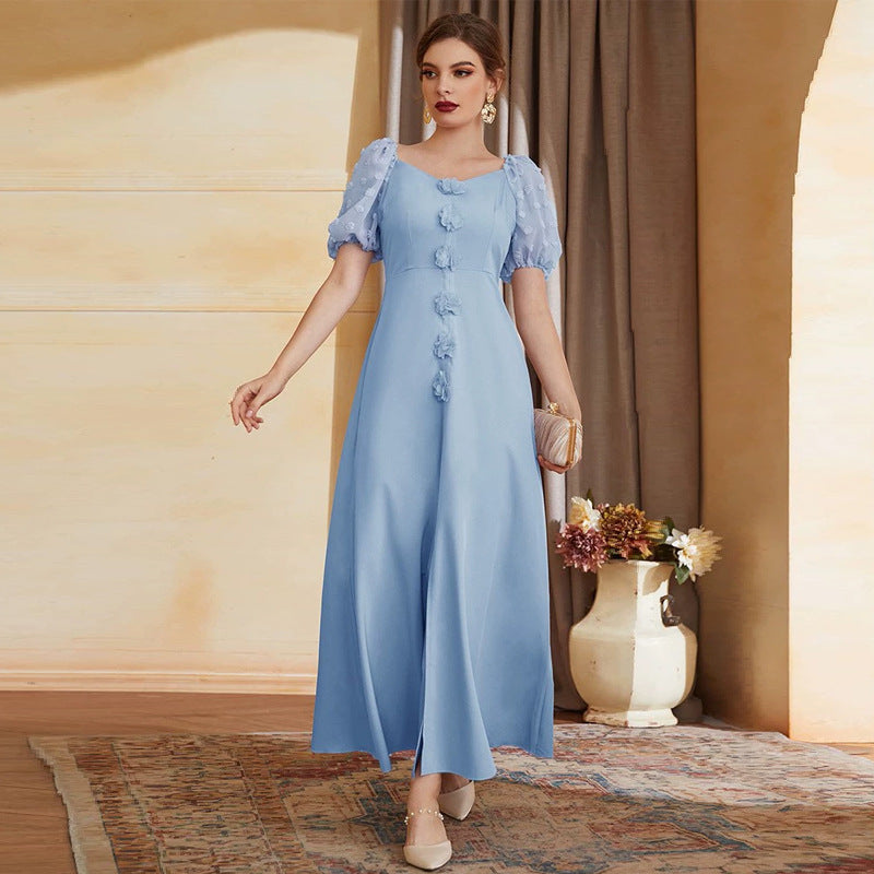 Sweetheart Neck Short Puff Sleeve Floral Applique Swiss Dot Maxi Dress