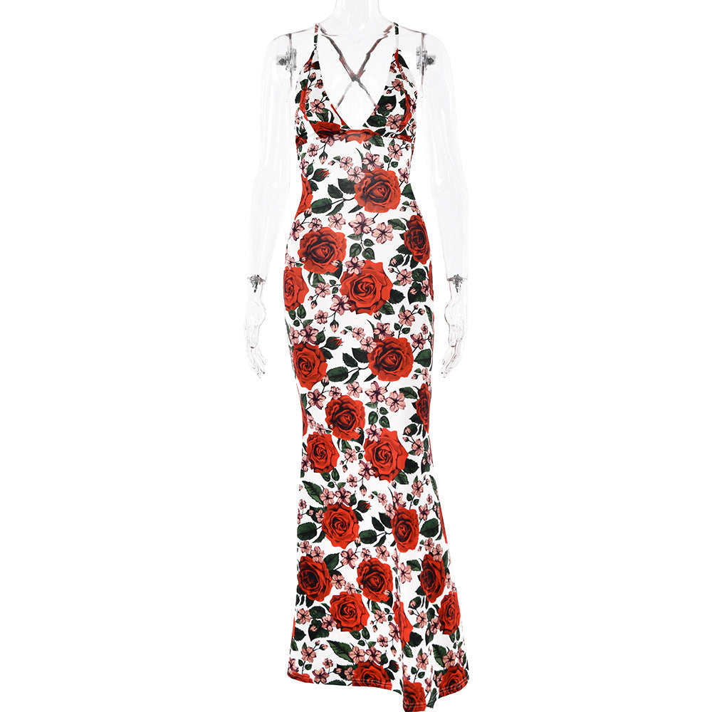 Floral Print Plunge V-Neck Spaghetti Strap Bodycon Maxi Dress