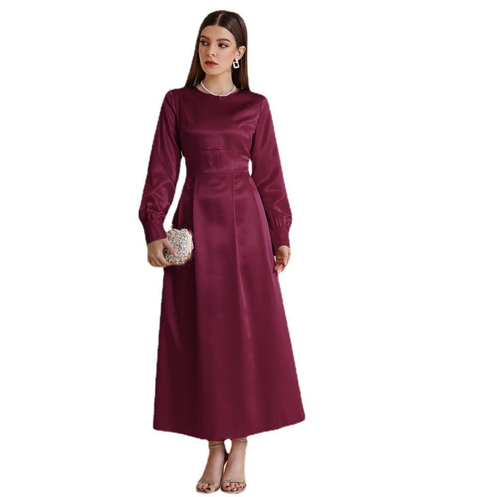 Round Neck Long Sleeve Satin A-Line Maxi Dress