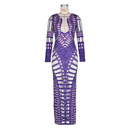 Ripped Skinny Sheath Dress Rhinestone Printed Dress