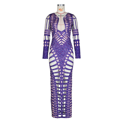 Ripped Skinny Sheath Dress Rhinestone Printed Dress