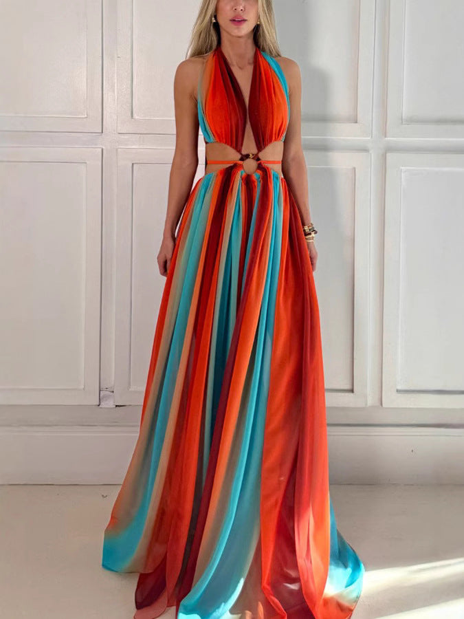 Colorful lucky chiffon printed ring with hollowed out design, slit holiday dress
