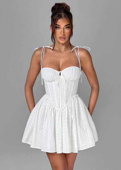 Eyelet Lace Corset Bustier Tie Strap Basque Waist Fit and Flare Mini Dress