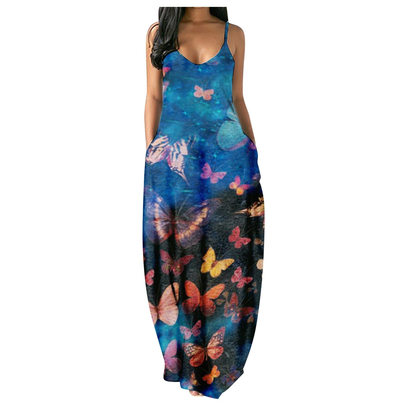 Butterfly Print Spaghetti Strap V-Neck Pocket Maxi Dress