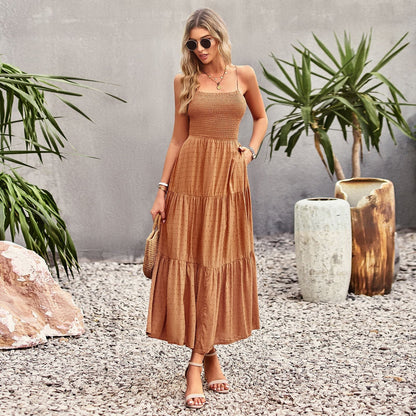 Spaghetti Strap Smocked Bodice Swiss Dot Tiered Pocket Maxi Dress