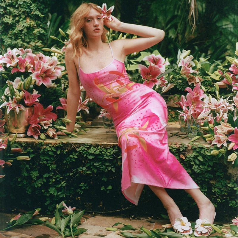 Large Floral Lily Print Spaghetti Strap Scoop Neck Bodycon Maxi Dress