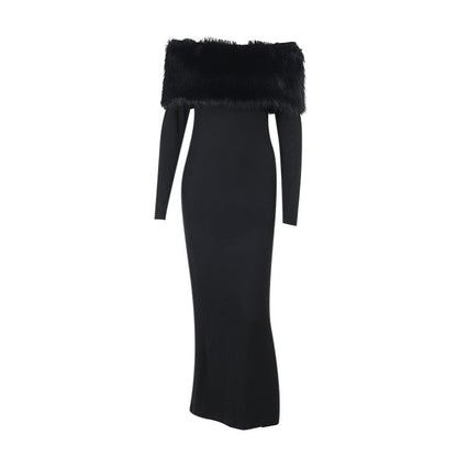 Maxi Dress Elegant off Shoulder Fur Collar Slim Fit