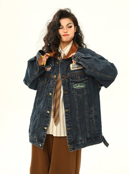 Racing Patch Denim Jacket with Corduroy Collar