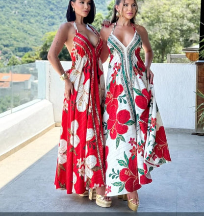Ladies Strapless V-neck Women's Beach Halter Backless Printed Fairy Long Temperament Dresses Swing Dresses