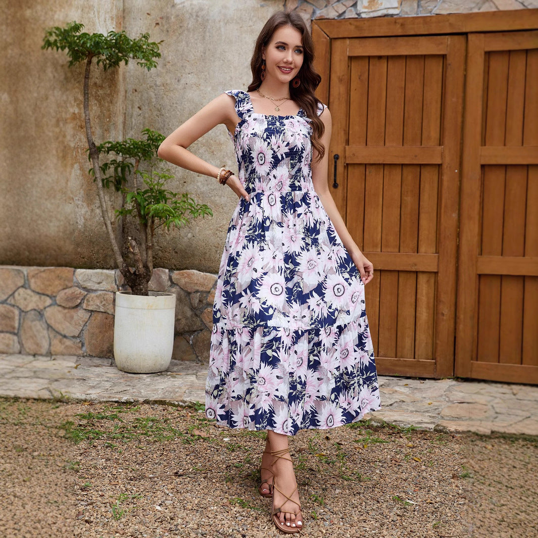 Large Floral Print Square Neck Smocked Bodice Ruffle Strap Tiered Midi Dress