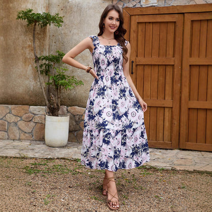 Large Floral Print Square Neck Smocked Bodice Ruffle Strap Tiered Midi Dress