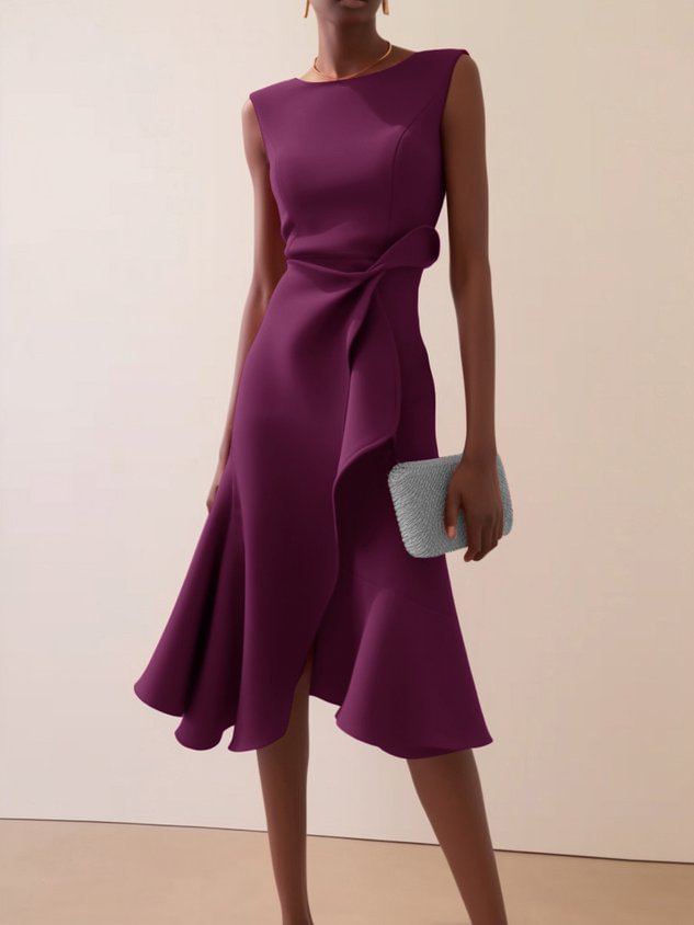 Jewel Neck Sleeveless Side Knot Draped Cascade Ruffle Fit and Flare Midi Dress