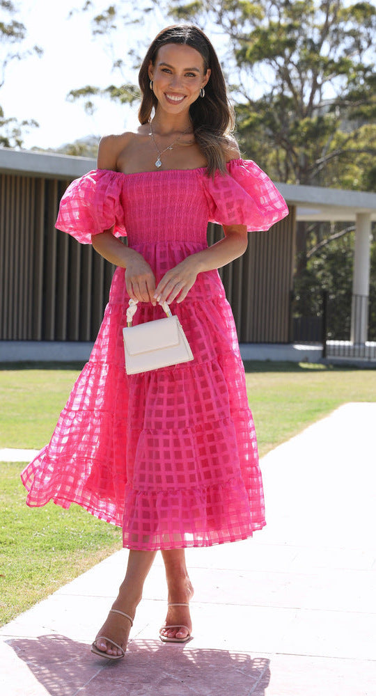 One Neck Lantern Sleeve Layer Stitching Dress