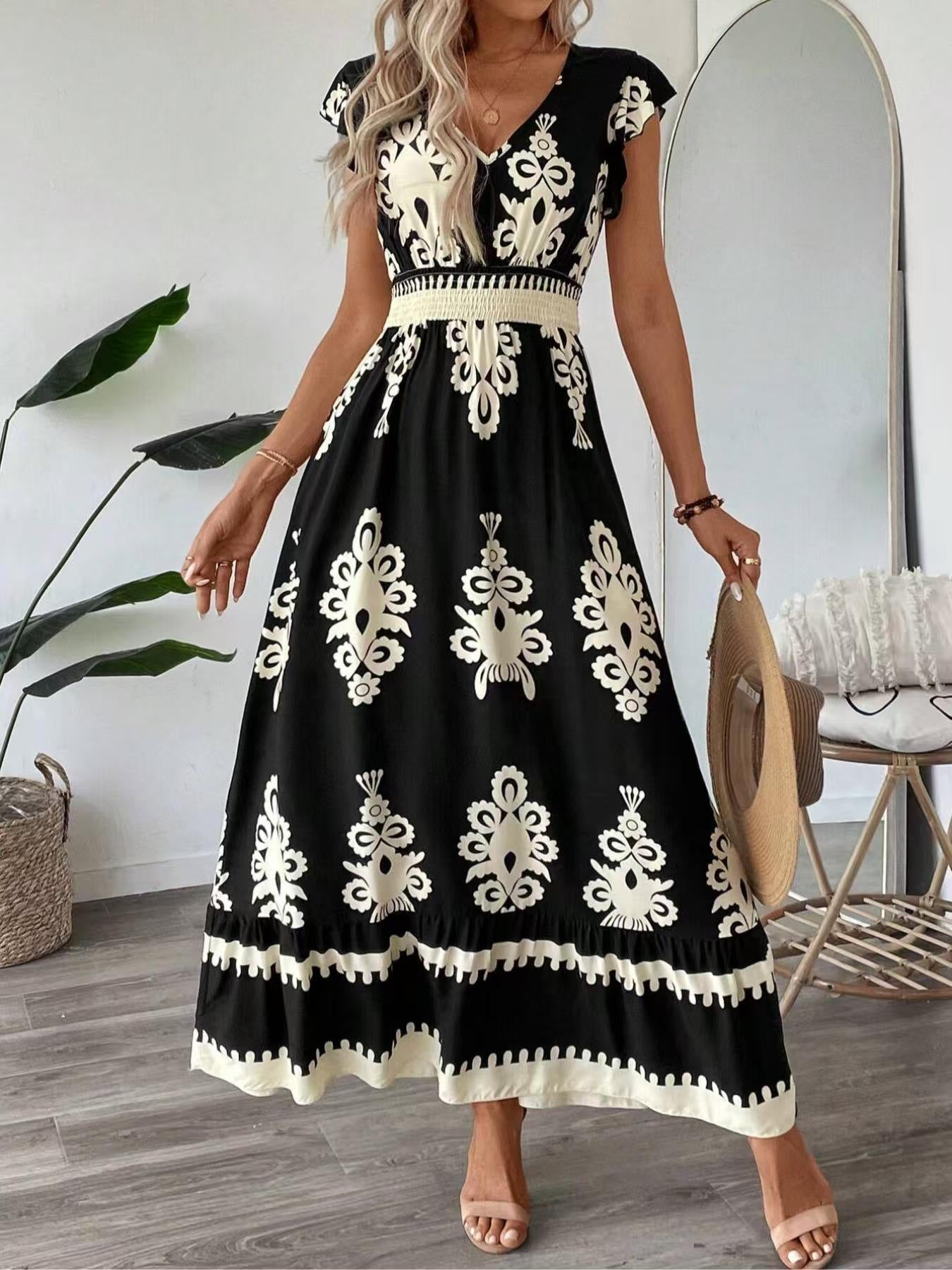 Ornamental Print V-Neck Cap Sleeve Smocked Waist Tiered Hem Boho Maxi Dress