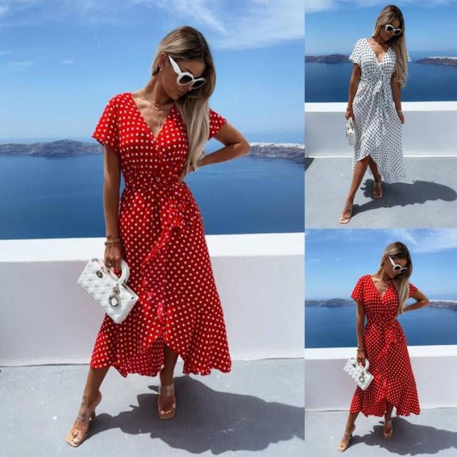 Polka Dot Print Surplice V-Neck Flutter Sleeve Asymmetrical Ruffle Hem Wrap Midi Dress