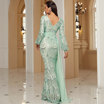 Long Sleeve Long Sequined V neck Cocktail Ribbon Evening Dress Bridesmaid