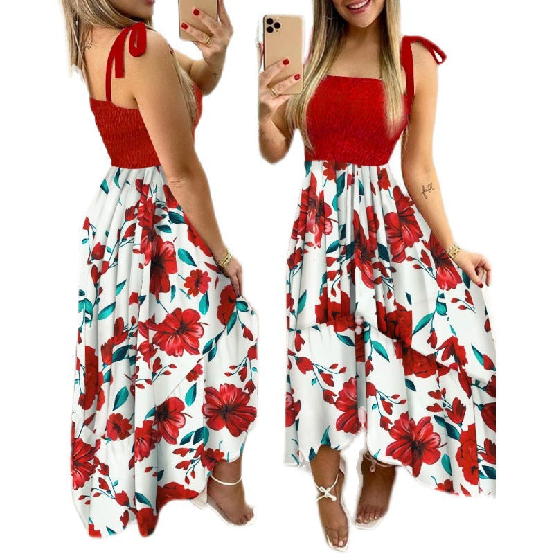 Smocked Tie-Shoulder Floral Print Tiered Asymmetrical Maxi Dress