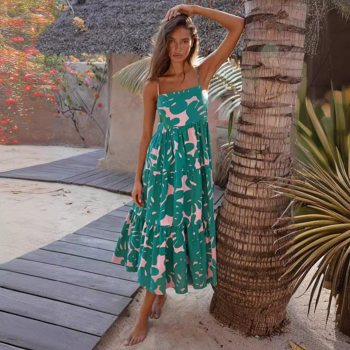 Spaghetti Strap Tiered Botanical Leaf Print Maxi Dress