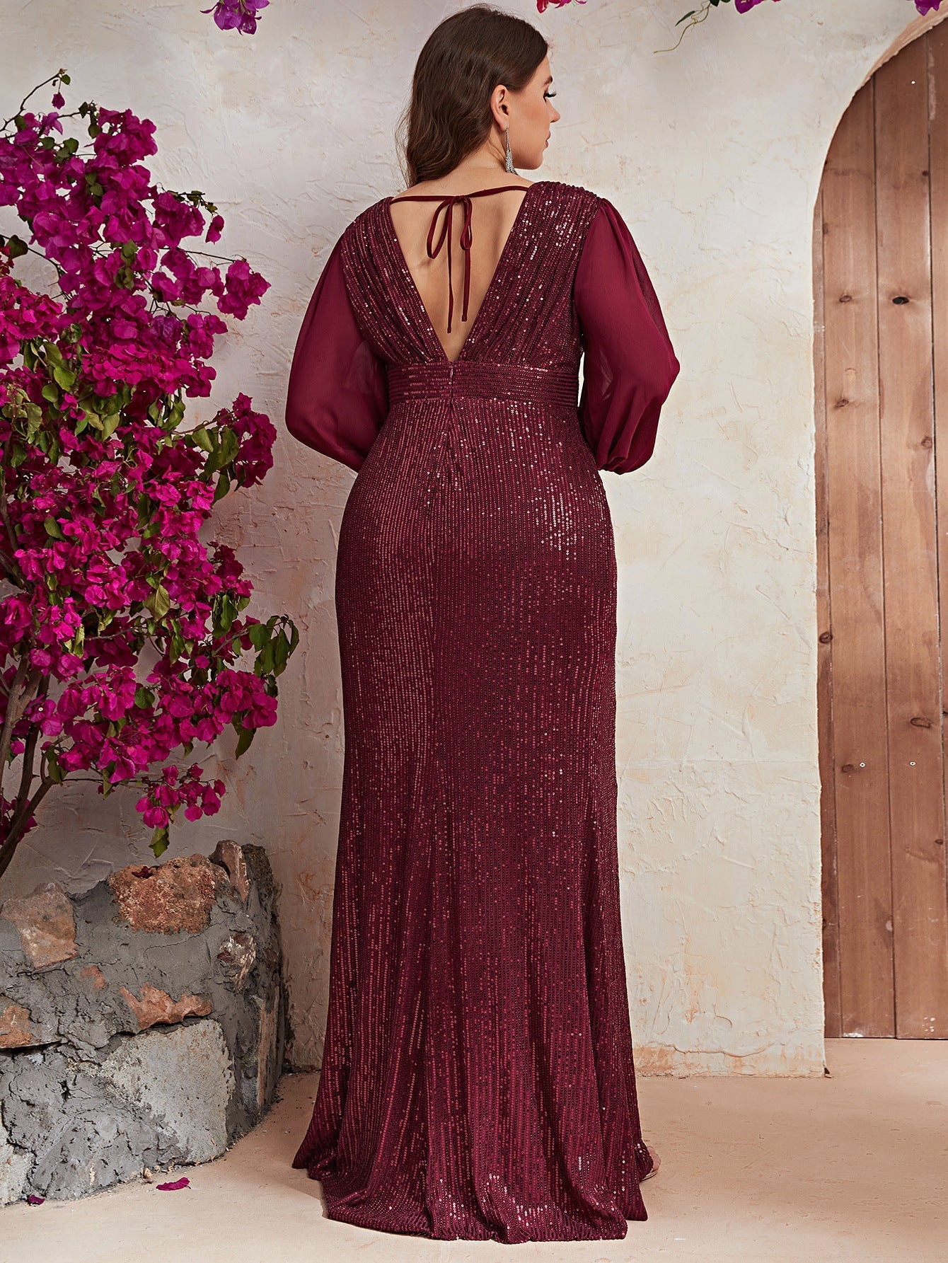 Plus Size Sequin Formal Dress Sequin Long Sleeve V neck Prom Party Dress Fishtail Dress