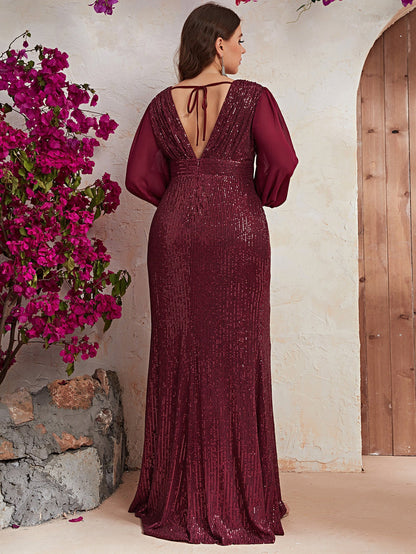 Plus Size Sequin Formal Dress Sequin Long Sleeve V neck Prom Party Dress Fishtail Dress