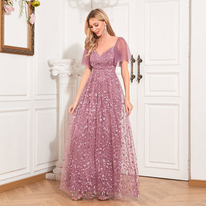 Elegant See through Short Sleeve V neck U Back Evening Dress A line Embroidery Mesh Full Lining Dress
