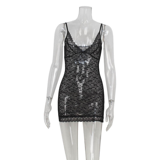 Low Cut Sling Lace See through Sheath Dress
